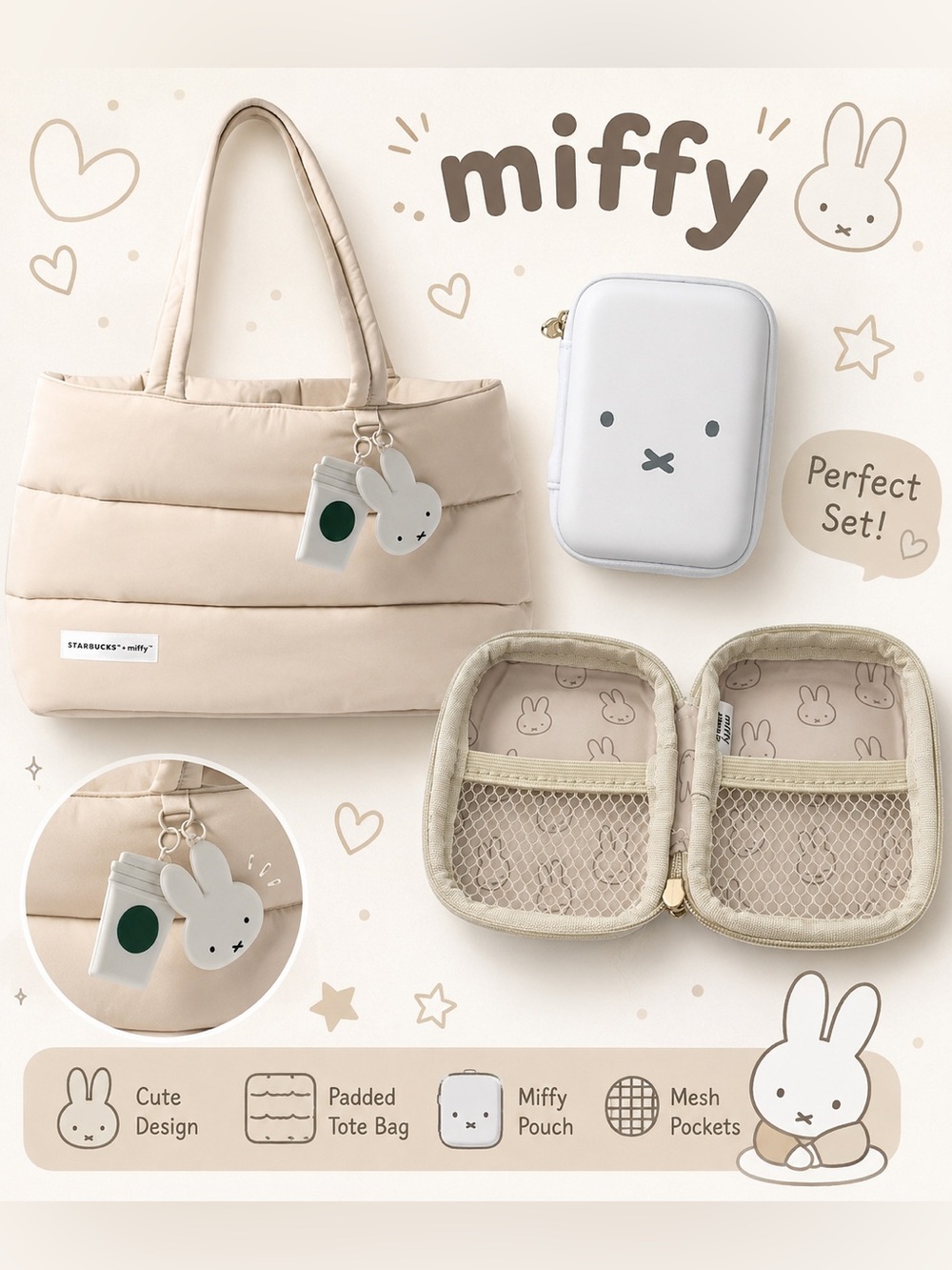 Miffy Beige Padded Starbucks tote Bag Set with White Miffy Pouch